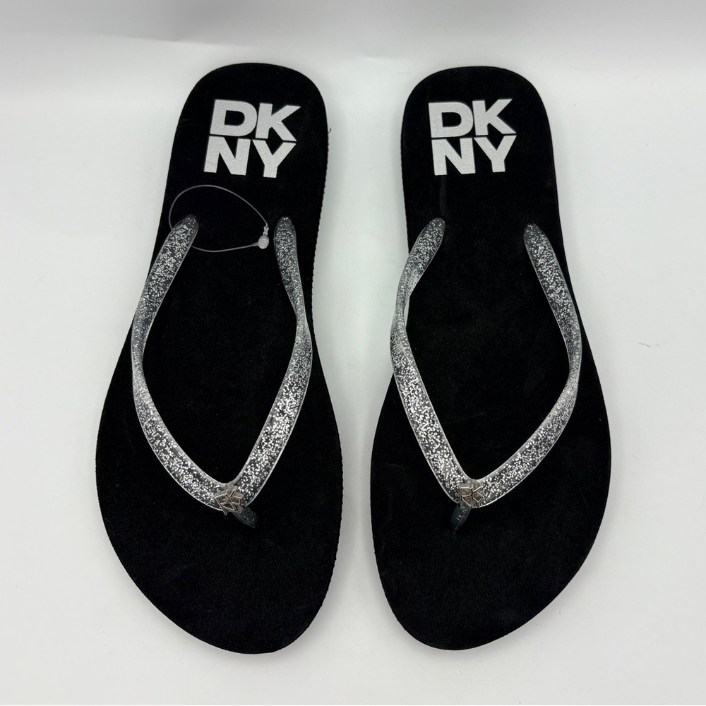 DKNY Black Flip Flops with Silver Glitter Straps NWOT size 8 - Picture 3 of 7